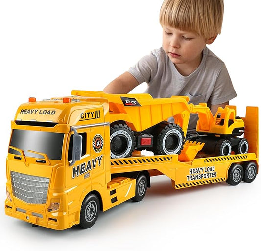 Dwi Dowellin Construction Carrier Semi Truck Toy with Excavator and Dump Truck, Gifts for Age 3-6 Boys & Girls