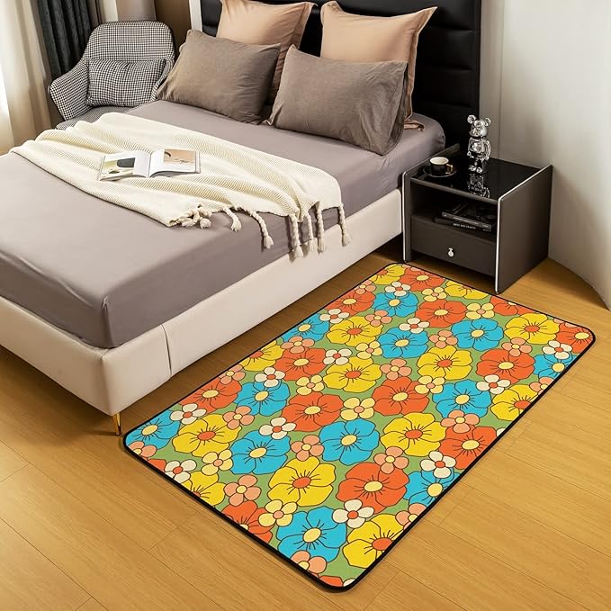 Erosebridal 60S 70S Hippie Area Rug 3x5 Retro Groovy Flowers Decorative Rug for Living Room Abstract Vintage Floral Boho Natural Botanical Non Shedding Carpet for Kids Girls Teen