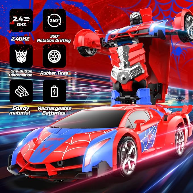 DEERC Spider RC Car Transform Robot, 2.4GHz Remote Control Spider Cars for Kids, 1:18 Scale Robot Toy Car W/One-Key Transformation, 360° Rotation, Auto Mode, Rechargeable Battery, Robot for Man Boys