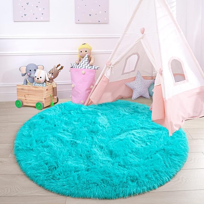 junovo Round Rug 5x5 Feet Fluffy Soft Area Rugs for Kids Girls Room Princess Castle Plush Shaggy Carpet Cute Circle Nursery Rug for Kids Girls Bedroom Baby Room Home Decor Circular Carpet, Teal Blue