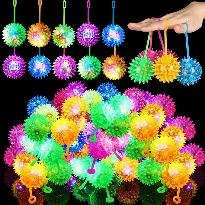 Sotiff 60 Pcs Light up Ball Spiky LED Bouncy Ball Flashing Squeaky Multicolor Puffer Toy Rubber Sensory Toy Carnival Prizes Bulk Party Favors for Teens, Adults, Children