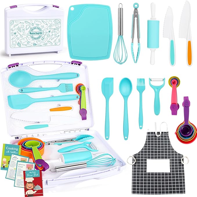Kids Cooking Sets Real, Kids Cooking & Baking Set with Storage Case Kid Safe Knives Cutting Board Apron Cookbook Toddler Cooking Utensils, Montessori Kitchen Tools, Birthday Gifts Toys for Girls Boys