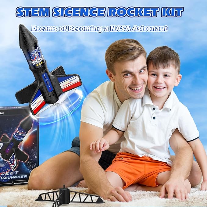 Rocket Launcher for Kids Automatic Launch 200 Feet Air Rocket Toy for Boy 10 Years Old Motorized Air Rocket with Safety Parachute and LED Outdoor Rocket Kits Toys Gifts for Kids Age 5-12
