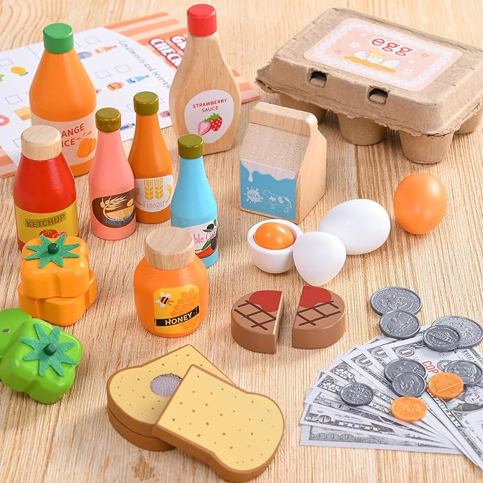 Wooden Play Food Toys for Kids, Market Grocery Store Toys with Snack & Shopping Bag & Apron for Toddlers, Pretend Play Kitchen Accessories Christmas Birthday Gift for Girls Boys 3 4 5 6