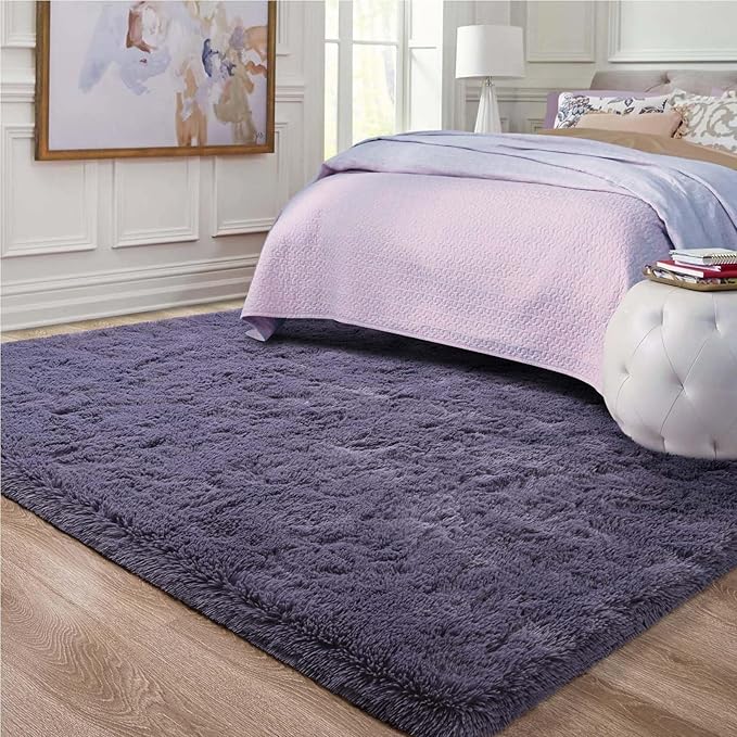 Ompaa Fluffy Rug, Super Soft Fuzzy Area Rugs for Bedroom Living Room - 4' x 6' Large Plush Furry Shag Rug - Kids Playroom Nursery Classroom Dining Room Decor Floor Carpet, Gray Purple