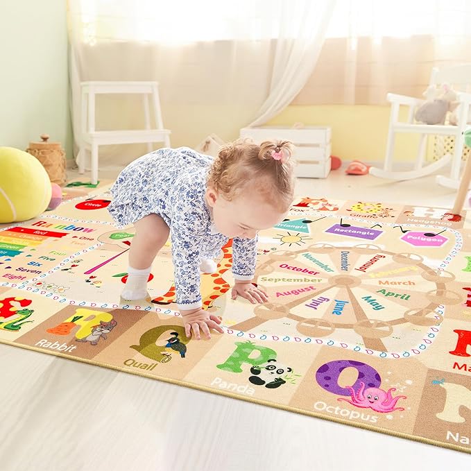 Kids Playroom Rug 4x6 Beige Rugs for Girls Bedroom Child Play Mat Educational and Fun Baby Care Rugs,Learning Rug with ABC Alphabets Animals Shapes No-Slip Carpets for Children Toddler Washable