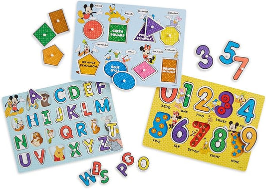 Melissa & Doug Disney Wooden Peg Puzzles Set: Letters, Numbers, and Shapes and Colors Letters And Number Puzzles, Disney, For Toddlers And Kids Ages 3+