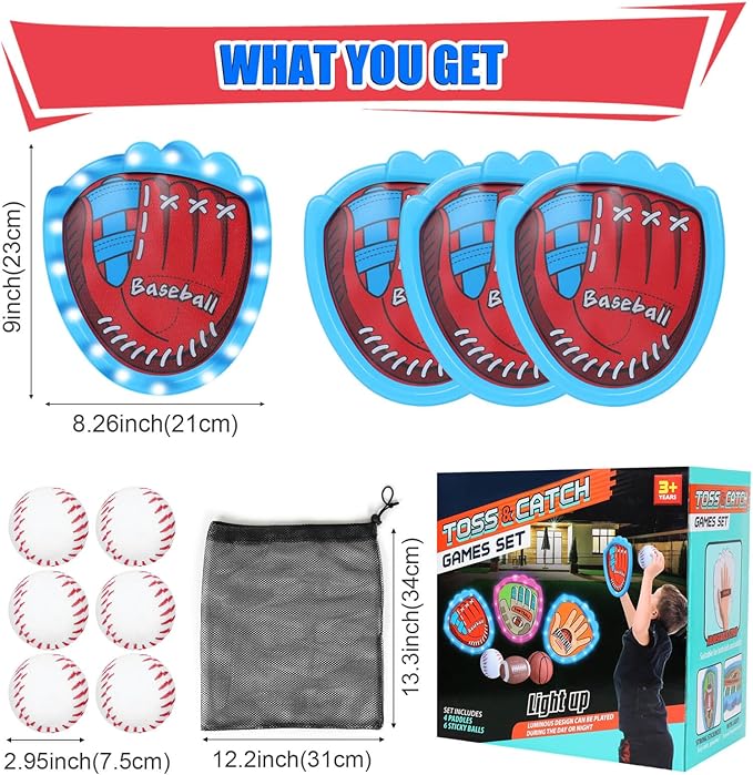Toss and Catch Baseball Toy Set with 4 LED Light-Up Gloves 6 Soft Baseball, Fun Sticky Ball Catch Games for Kids Ages 3-12, Beginner Baseball Training, Indoor/Outdoor Sports Toy Gifts for Boys & Girls