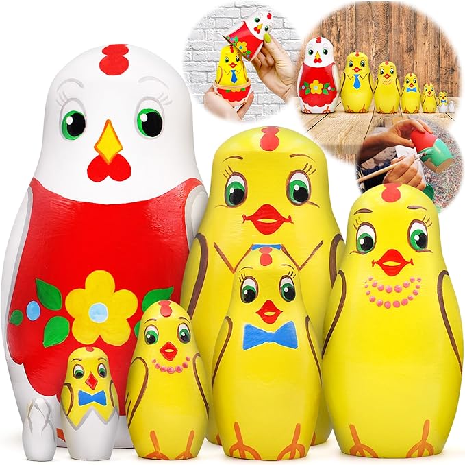 AEVVV Chicken Nesting Dolls Set of 7 Pcs - Matryoshka Russian Doll - Chicken Decor - Easter Nesting Dolls