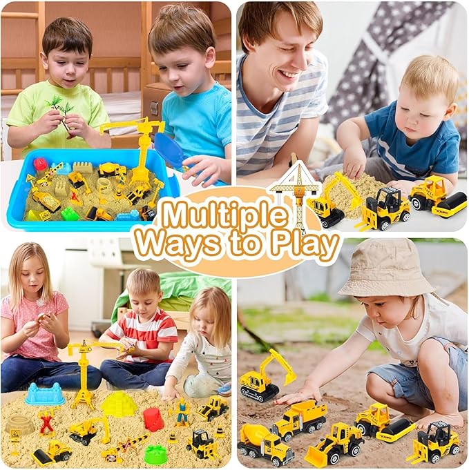 Sensory Bin, Diecast Construction Trucks Play Sand Art Kits with 2.2lbs Magic Sand, Molds, Shovel, 6Pcs Construction Vehicles, Crane- Great Sensory Sandbox Toys for Kids Toddlers Age 3-8