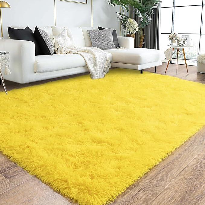 Super Fluffy Area Rug for Bedroom, Modern Shag Yellow Area Rugs, Soft Plush Small Carpet for Kids,Girls Boys and Teens Decorations for Living Room Dorm Nursery Classroom, 8x10 Feet