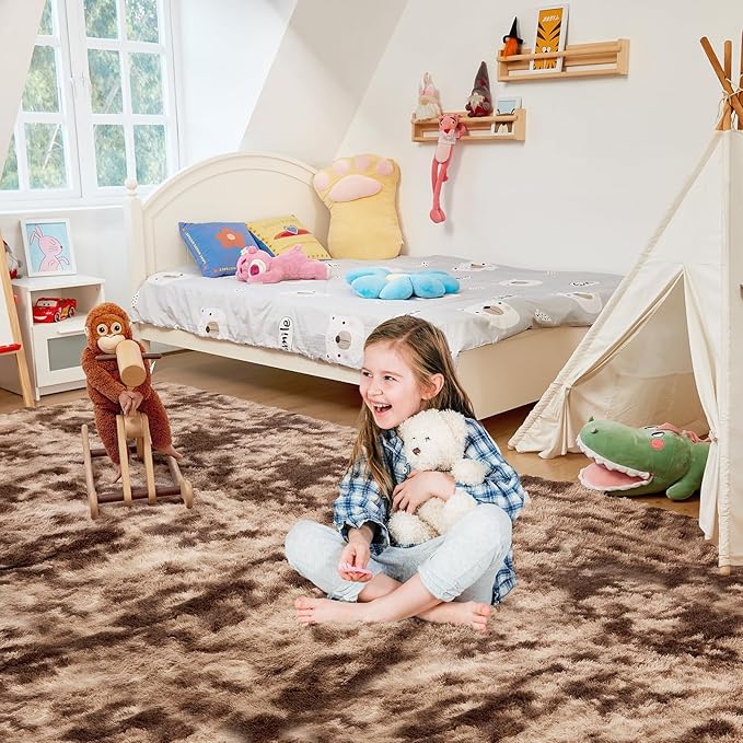 Ultra Soft Rug for Living Room, 6X9 Fluffy Shag Area Rug for Bedroom, Modern Shaggy Carpet Fuzzy Rug for Teens Dorm Nursery Home Decor Aesthetic, Upgrade Anti-Skid Durable, Tie-Dyed Coffee