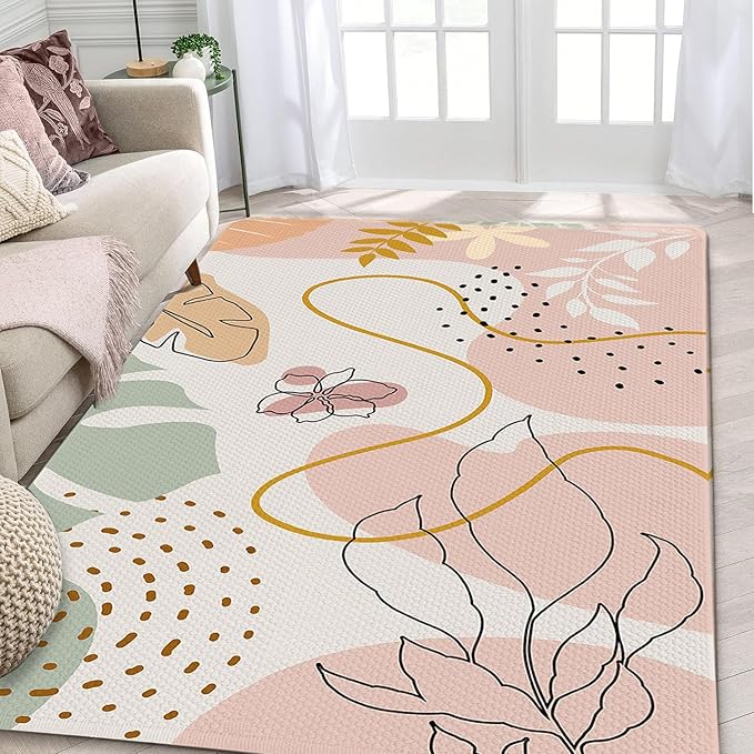3x5 Boho Entryway Rug, Boho Flower Area Rugs for Girl Bedroom, Abstract Floral Pink Carpet for Living Room, Washable Kids Nursery Rugs for Classroom Decor Non-Slip Kids Playroom Rugs Mats for Floor