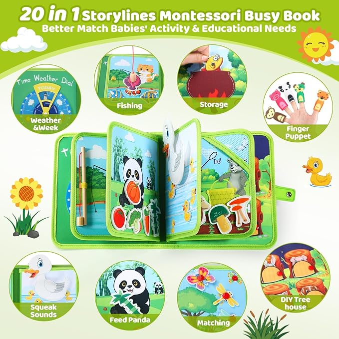 Busy Book for Toddlers 1-3，Montessori Plane Toys Busy Board for 1 Year Old with Fishing Game Finger Puppet Motor Skill，Educational Learning Quiet Activity Sensory Book, 1 2 3 4 Boy Girl Birthday Gift
