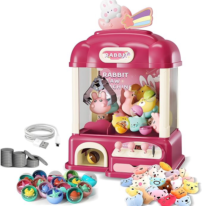 Kids Claw Machine with Toys Inside, Vending Machine Lights & Sound, Electronic Mini Claw Game for Boys & Girls, Birthday & Party Gift, Includes 25 Plush Toys, Surprise Eggs & USB Cable
