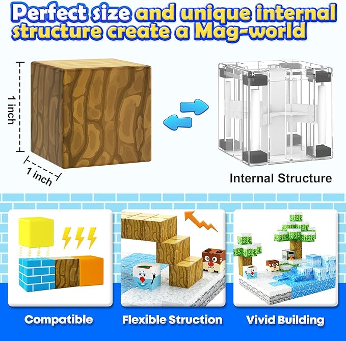 126PCS Magnetic Blocks-Mine Magnet World Forest & Ice Edition, Sensory Building Blocks Set STEM Construction Toys for Toddlers Kids Ages 3-5 5-7 8-13, Gifts for 3-8 Year Old Boys Girls