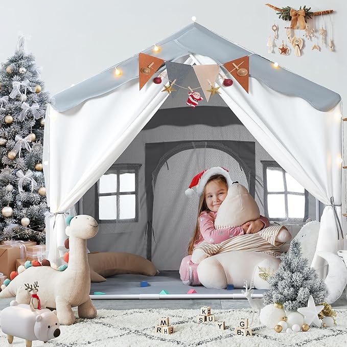 Besrey 2-in-1 Kids Playhouse with Padded Mat and Lights, Large Play Tent with 2 Doors & 4 Windows, Indoor & Outdoor, Toddler Tent, 51" x 35" x 51" (Gray)