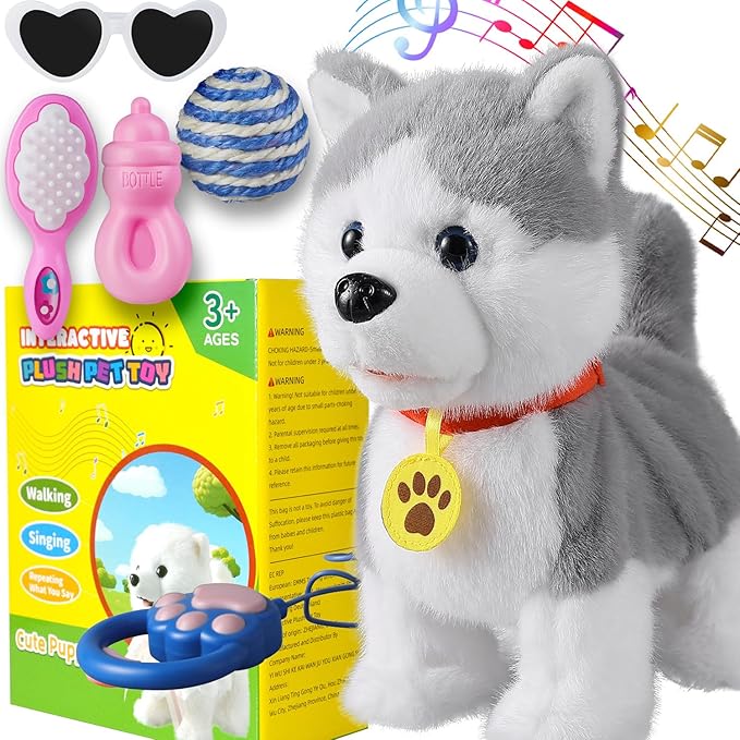 Husky Walking Barking Dog for Kids Interactive Musical Puppy Robot Repeats What You Say, Realistic Licking Tongue Wagging Tail Remote Control Toddler Toys for Girls and Boys Birthday Gifts