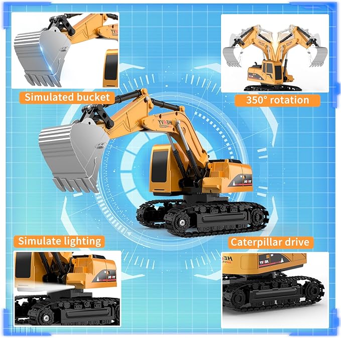 Remote Control Excavator and Dump Truck Toy Set - RC Construction Vehicles Toy with Barricades, Road Signs, Simulated Rocks, Lights and Sounds, Birthday Gifts for Toddlers 3-12 year Boys Girls