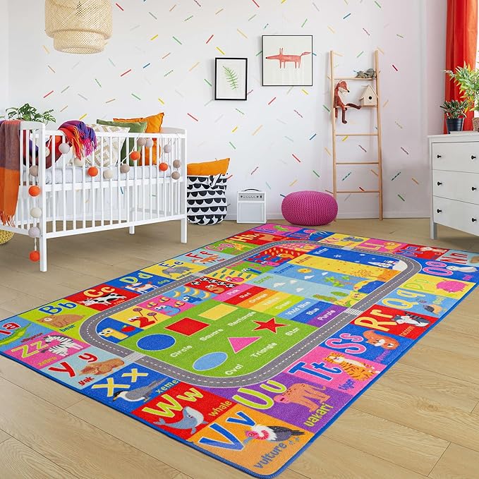 Kids Rug for Playroom Classroom, ABC Alphabet Numbers Play Toddlers Rugs, 4x6 Learning Educational Bedroom Floor Mat, Washable Baby Carpet for Boys Room, Nursery, Preschool, Daycare