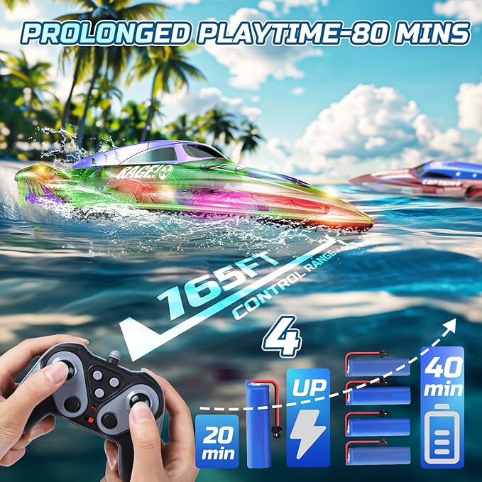 DEERC 2 Pack 13 inch Remote Control Boat for Kids, 4 Batteries, 2.4Ghz RC Racing Boat with LED Lights for Pools and Lakes, Summer Water Toy Gift for Boys 8-12