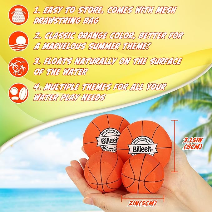 4Pcs Water Skipping Balls for Pool Play(Basketball Theme), Water Pool Beach Swim Toys for Kids Ages 4-8, 8-12 and Adults, Include 2 Balls and 2 Discs