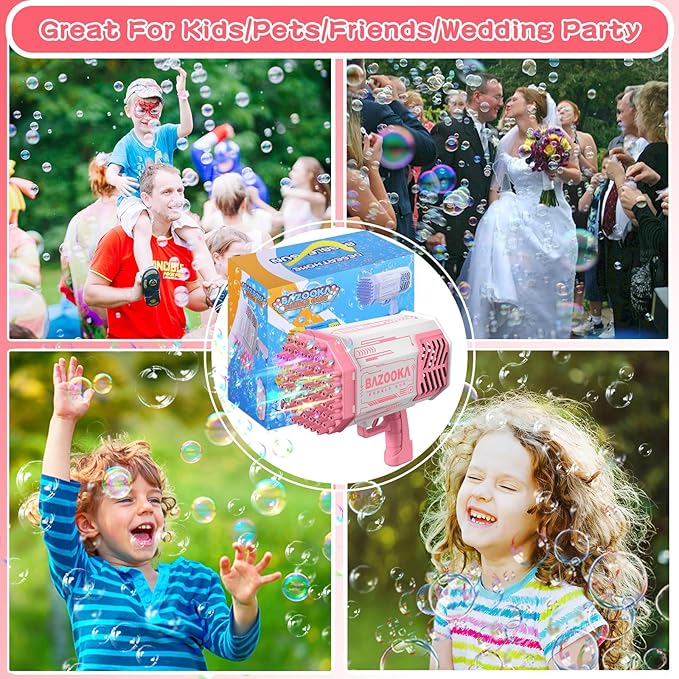 Bubble Machine Gun, 69 Holes Bubble Gun with Lights, Pink Outdoor Summer Beach Kids Bubbles Toys Birthday Wedding Party Fun Gifts for Girls Boys
