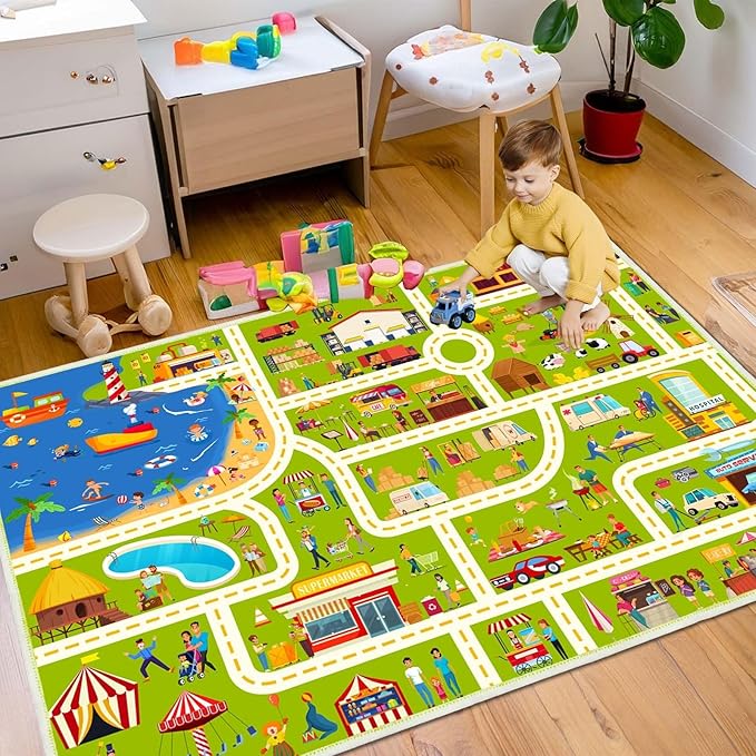 Kids Carpet Playmat Car Play Rug City Life Traffic Road Kids Rug for for Carpet for Bedroom Boys(Lgreen Rug,2.6x3.9ft)