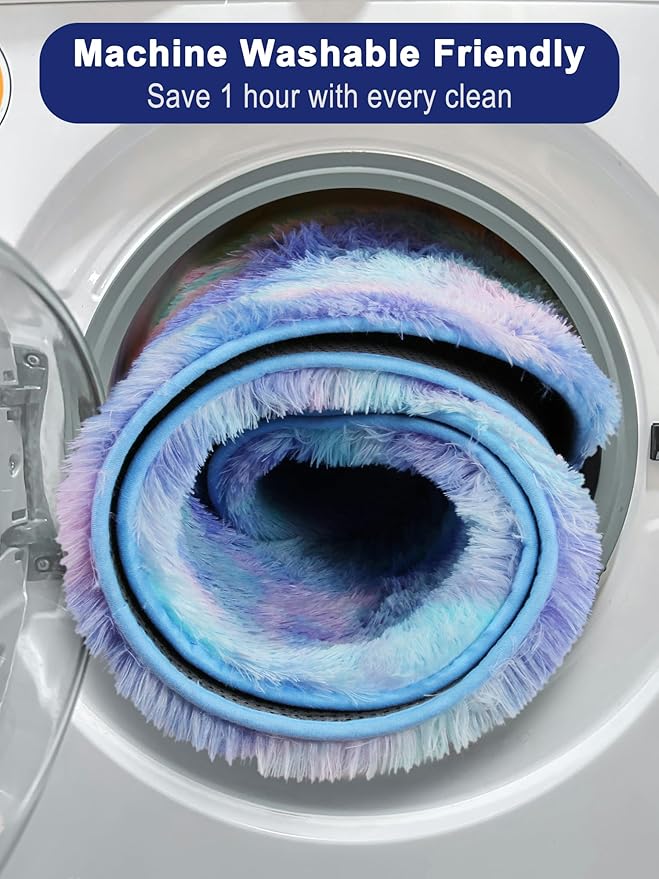 ONASAR Rainbow Round Area Rug 4ft, Soft Bedroom Circle Throw Rugs for Kids Girls Boys Teen Dorm Room, Fluffy Plush Shaggy Carpet Mats for Nursery Living Room Playroom Home Decor Princess Castle