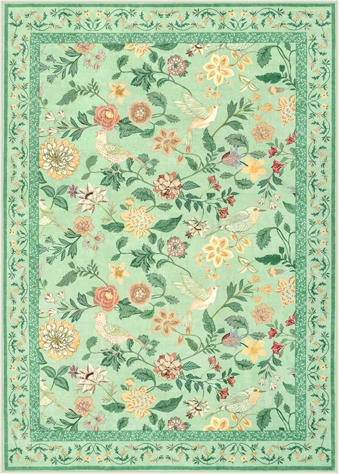 Floral Washable Runner Rug, 2x6 Green Rug Runners for Hallways Non-Slip, Soft Low Pile Flower Birds Long Bathroom Mat Botanical Throw Carpet for Kitchen Laundry Entryway Porch