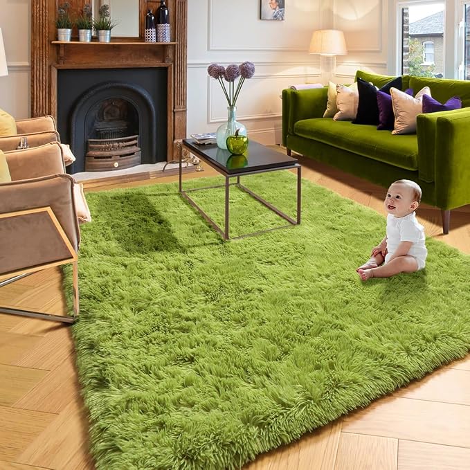 Amdrebio Grass Green Rugs 5x8 for Bedroom Living Room, Fluffy Shag Plush Area Rug for Kids Room Baby Nursery Decor, Modern Fuzzy Floor Furry Cool Shaggy Fuzzy Moss Carpet for Office Dorm Playroom