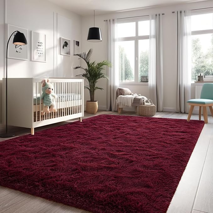 Nuttumico Extra Large Burgundy Fluffy Area Rugs for Living Room, 8x10 Feet Ultra Soft Indoor Modern Plush Fuzzy Rug, Thickened Carpet for Kids Playroom, High Pile, Non Slipping