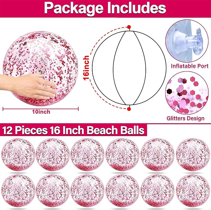 12 Pack Inflatable Beach Balls Bulk 16" Pink Glitters Pool Toys Balls for Pool, Beach, Summer Pool Party - Swimming Pool Game Water Beach Toys Kid Party Favor Decorations Summer Blow Up Beach Ball
