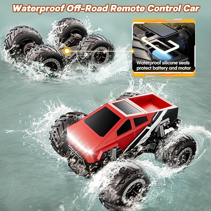 Remote Control Car Off-Road Pick-up Truck - 4WD Amphibious RC Truck Toy RC Cars for All Terrain, 1:16 Scale Hobby Monster Trucks Toys 2.4GHz Vehicles Kids Gifts for Boys/Girls Age 6 7 8 9 10-12+,Red