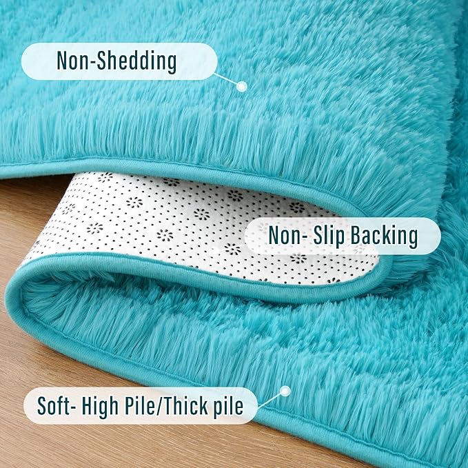 Amearea Shag Fluffy Runner Rug for Bedroom Girls Living Room, 2x6 Feet Extra Soft and Fuzzy Shaggy Rugs, Non Slip, Indoor Floor Long Carpet Mat for Boys Nursery Home Decor, Blue