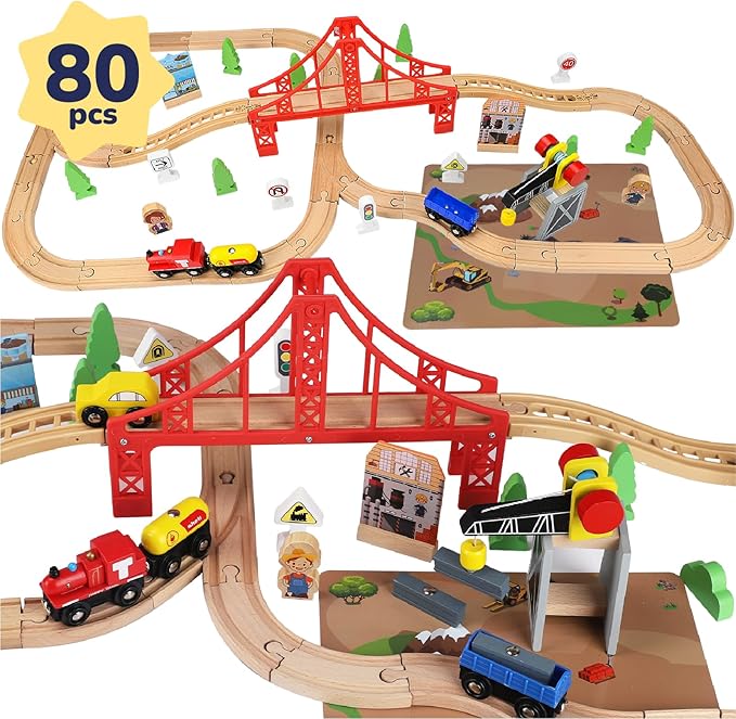 TOY Life Wooden Train Set 80pcs with Magnetic Crane, Wooden Train Tracks Toys for Toddlers Boys Girls 3 4 5, 3 Year Old Boy Gift, Wood Toys Toddler Train for Kids 4-8 - Fits Thomas Brio Chuggington