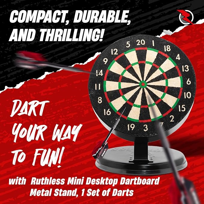 Ruthless Miniature Desk Top Dart Board Set for Home and Office - Includes Mini Steel Tip Darts, Choice of Surround and Mouse Mat