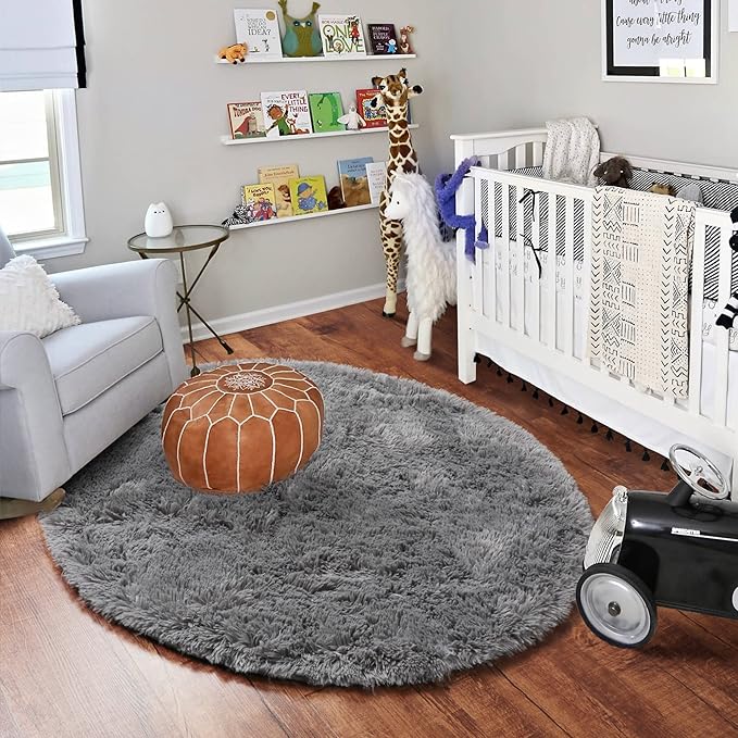 ONASAR Grey Round Area Rugs 5ft, Gray Soft Bedroom Circle Rug Floor Mats for Kids Girls Teen Room, Fluffy Plush Shaggy Carpet for Baby Nursery Living Room Playroom Home Decor Aesthetic