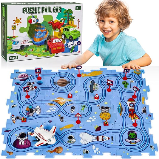 25PCS Puzzle Racer Kids Car Track Set, Puzzle Track Car Play Set, Rail Car Puzzle Track Space Themed Series, Kids Race Track Set, Educational Car Puzzle Toys Gifts for Kids
