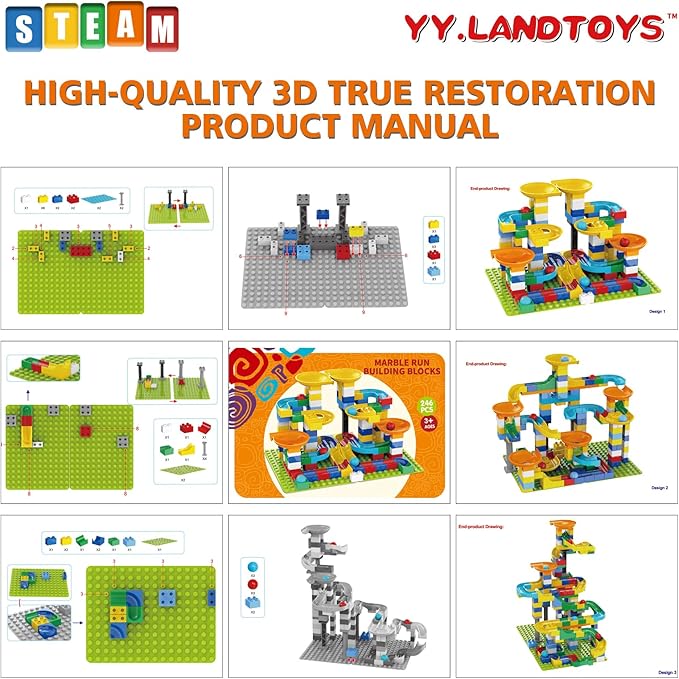 3in1 Marble Runs for Kids 4-8 Building Blocks/246Pcs Classic Big Blocks Toys Set Compatible with DUPLO Lego Sets/Marble Maze Race Track/Montessori Learning STEM Toys for Toddler,Kids Age 3,4,5,6,7,8+