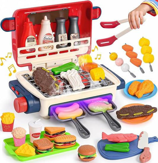 48-Piece Kids BBQ Grill Playset with Lights & Sounds, Spray Food, Role Play Kitchen Accessories, Children's Kitchen Toys, Gift for Boys & Girls Ages 3-6+