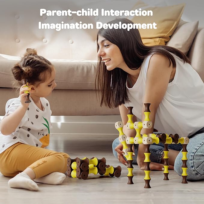 TZJ201, Wooden Building Blocks for Kids, 60Pcs SPINING Stacking Blocks, Durable & Safe Wood, STEM Learning Toys with Canvas Bag, Montessori Toys for Toddler 1-3, for Home, School, Travel