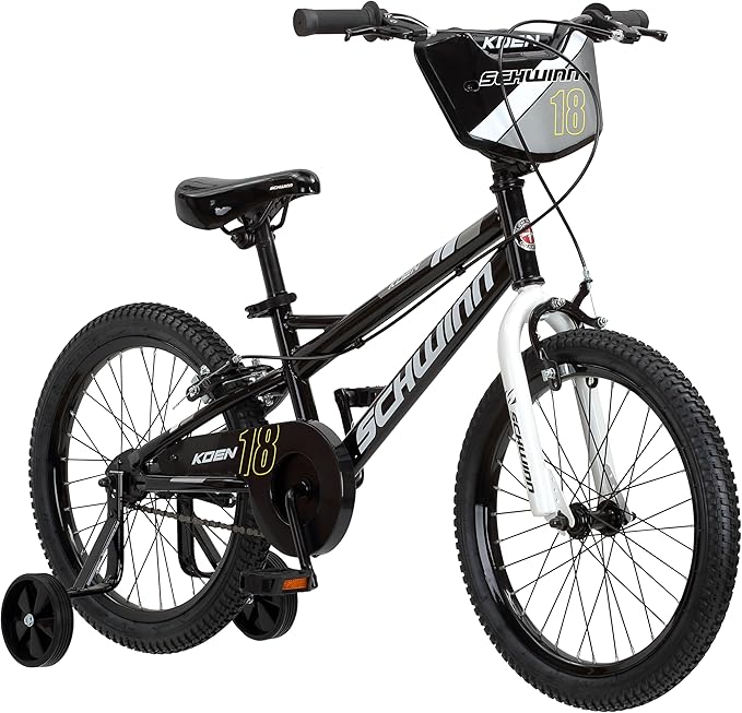 Schwinn Koen BMX Style Toddler and Kids Bike, For Girls and Boys, 18-Inch Wheels, With Training Wheels, Chain Guard, and Number Plate, Recommended Height 42-52 Inch, Black
