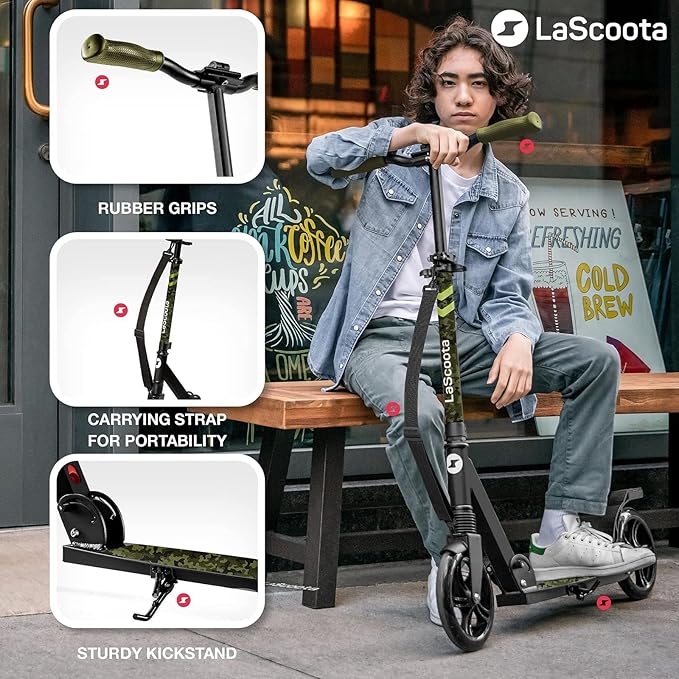 LaScoota Kick Scooter for Kids Ages 6+, Teens & Adults, Large 8" Sturdy Urethane Wheels. Adjustable Handlebar, Lightweight, Foldable, 220lbs Max Load