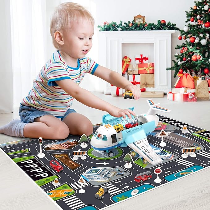 CUTE STONE Toy Airplane Plane Toy with Smoke, Sound and Light, Fricton Powered Airplane with Mini Cars, Great Gift for Boys and Girls