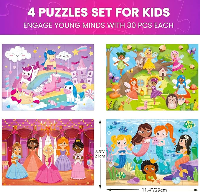 QUOKKA Puzzles for Toddlers 3-5 - 4 x 30 Pieces Puzzles for Kids Ages 2-4 - Meadow Girls Learning Jigsaw Puzzles for Kids 4-6 Years Old - Educational Toys for Boy and Girl