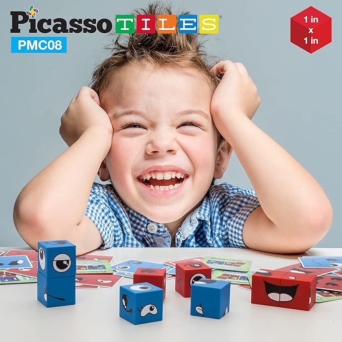 PicassoTiles Magnetic Expression Puzzle Toy Building Block Mix & Match Cubes Cubes Magnet Sensory Toys Pre-School Gifts Educational STEM Learning Kit for Kid, Baby Toddler Age 3 and Up 8 Pieces PMC08