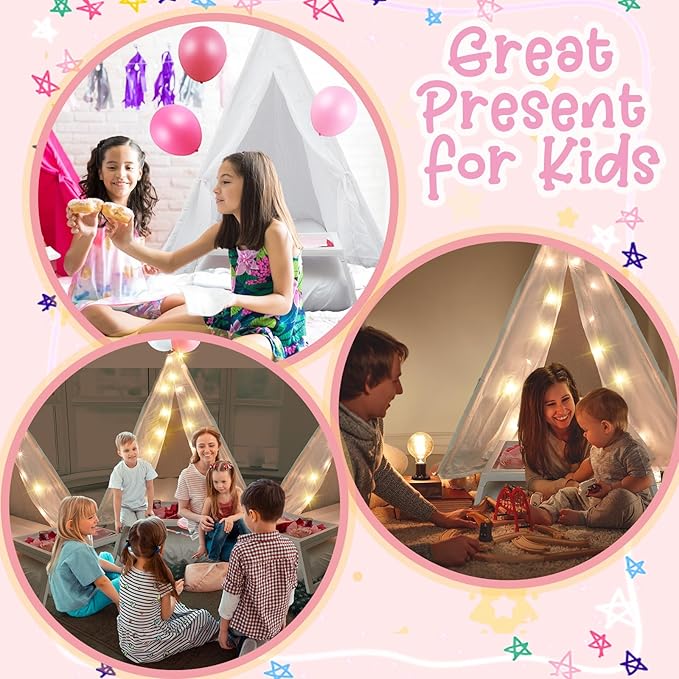 8 Pack Sleepover Tent for Girls Party,Teepee Tent for Kids Slumber Party Bulk with Light String,Air Mattress,Fitted Sheet,Washable Natural Cotton Toddler Teepee for Indoor Outdoor(White)