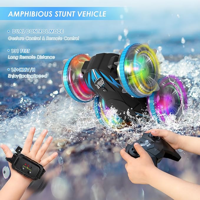 Beach Amphibious Remote Control Car Toys,2.4 GHz Remote Control Boat Waterproof, All Terrain RC Stunt Car with LED Lights, Land Water Boat Birthday Gifts Toys for 6-12 Year Old Boys Girls