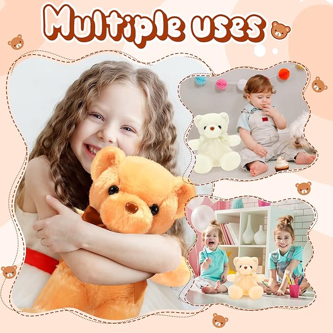 HyDren 6 Pcs Bear Stuffed Animal Plush Toys Soft Plush Dolls Bear Sleeping and Playing Toys for Baby Shower Decoration Boy(Short Plush,Dark Brown, Brown, Beige)